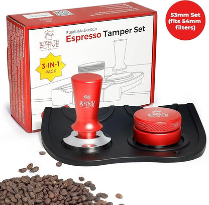StealthActive&Co 53mm Espresso Tamper 3 in 1 Set Compatible with 54mm Filter - Spring Loaded Espresso Machine Tamper with Aluminum Handle, Espresso Distribution Tool, and Non-Slip Tamping Mat