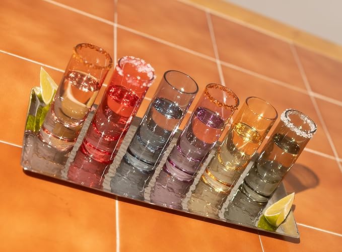 Saludi Colored Shot Glasses, 2oz (Set of 6) Multi-Color Glass with Wood Paddle - Luxury, Durable, Hand-Blown, Cute, Cool, Pink, Christmas, Rainbow, Unique, Tequila