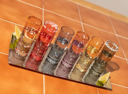 Saludi Colored Shot Glasses, 2oz (Set of 6) Multi-Color Glass with Wood Paddle - Luxury, Durable, Hand-Blown, Cute, Cool, Pink, Christmas, Rainbow, Unique, Tequila