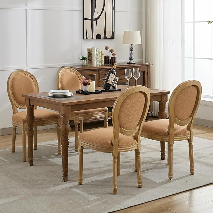 French Country Dining Chairs Set of 2, Amber Round Back Dining Chairs with Linen Upholstered Seat, Solid Wood Legs, Farmhouse Kitchen & Dining Room Chairs, Sillas De Comedor (Amber, 2Pcs)