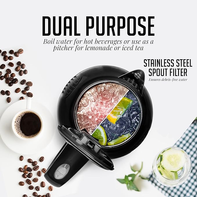 OVENTE Electric Kettle, 1.7L Double Wall Stainless Steel Insulated Water Boiler & Heater for Coffee or Tea, 1100W Fast Boiling with Auto Shut-Off, Boil-Dry Protection & Secure Locking Lid, Black KD64B