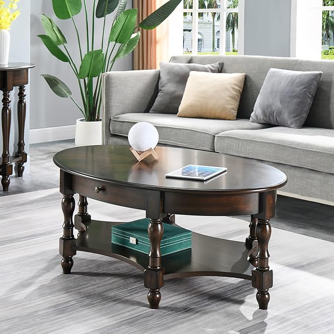 Solid Wood Oval Coffee Table with Drawer and Storage Shelf, 44.9" Traditional Retro Center Table Polished Edging Cocktail Tea Table for Living Room Bedroom Home, Vintage Walnut