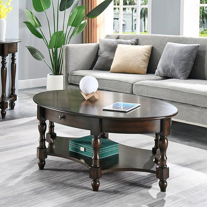 Solid Wood Oval Coffee Table with Drawer and Storage Shelf, 44.9" Traditional Retro Center Table Polished Edging Cocktail Tea Table for Living Room Bedroom Home, Vintage Walnut