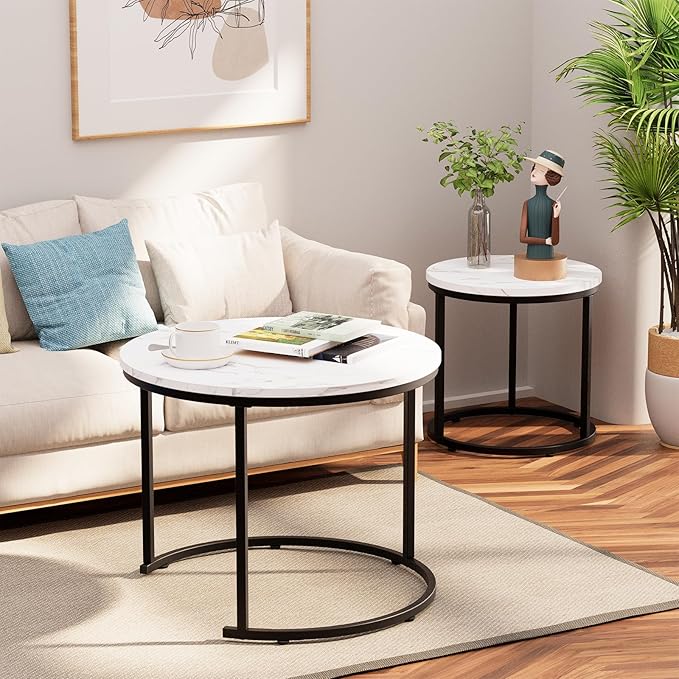 aboxoo Round Nesting Coffee Table Side Table Set of 2 End Tables for Living Room Bedroom Balcony, White Faux Marble Wooden Table Accent Coffee Table with Black Steel Frame