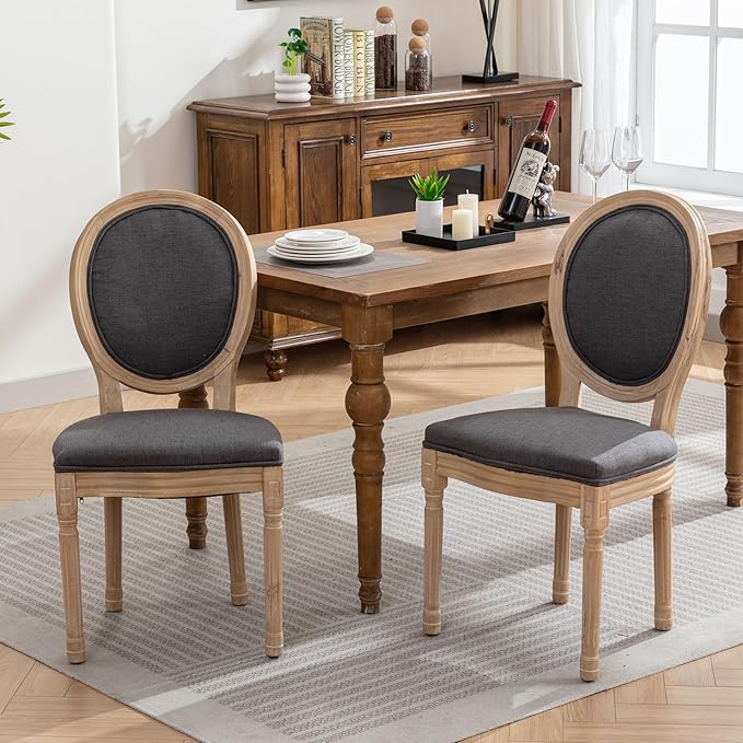 French Country Dining Chairs Set of 6, Grey Round Back Dining Chairs with Linen Upholstered Seat, Solid Wood Legs, Farmhouse Kitchen & Dining Room Chairs, Sillas De Comedor (Gray, 6Pcs)