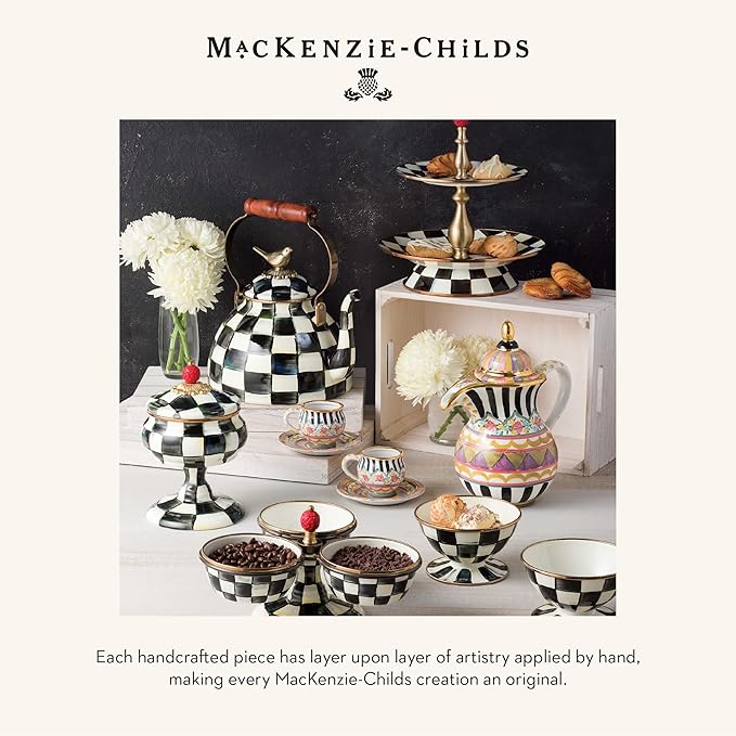 MACKENZIE-CHILDS Enamel Teapot, Cute Small Teapot with Lid, 4-Cup Capacity, Black-and-White Courtly Check