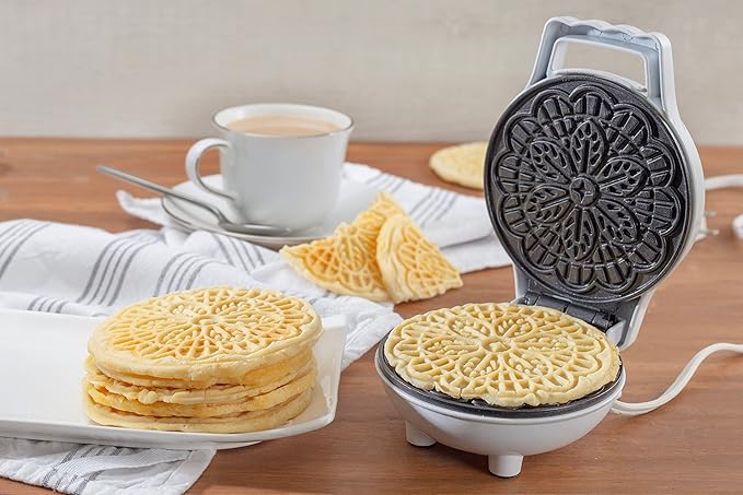 Mini Electric Pizzelle Maker- Makes 1 Personal Tiny Sized 4" Traditional Italian Waffle in Minutes- Nonstick Iron Press w Recipe Guide - Unique Dessert Cookie Treat or Housewarming Baking Gift for Her