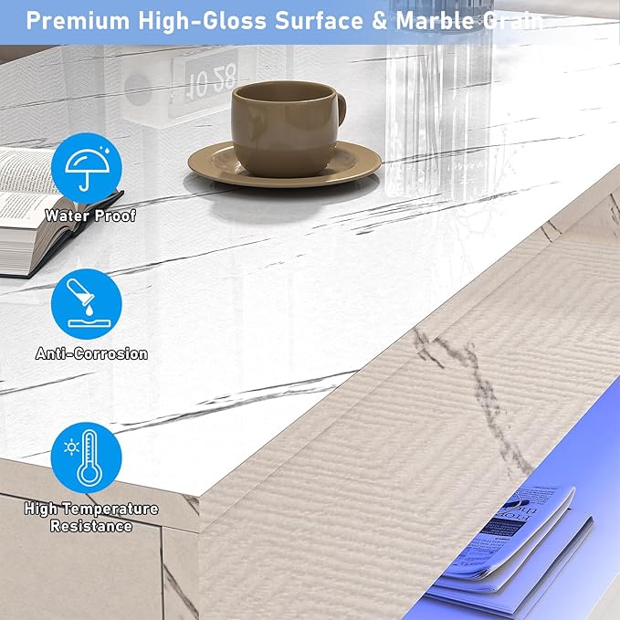 39.4" Large High-Glossy LED Coffee Table with 2 Sliding Drawers, Living Room Storage Coffee Tables with Marbling Print, Modern Stylish Double-Layer Center Tables w/LED Lights, White