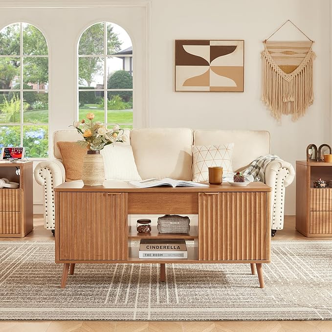 LEYAOYAO 48" Fluted Lift Top Coffee Table with Hidden Storage & Adjustable Shelves, Lifting Tabletop Large Rectangular Coffee Tables, Mid Century Modern Wood Center Table for Living Room, Brown