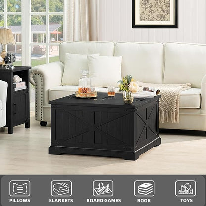 Farmhouse Coffee Table with Large Hidden Storage Compartment, Rustic Black Square Center Table, Wood Low Farm House Modern Living Room Tables with Hinged Lift Top & Wooden Arc Base