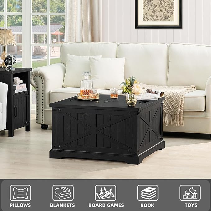 Farmhouse Coffee Table with Large Hidden Storage Compartment, Rustic Black Square Center Table, Wood Low Farm House Modern Living Room Tables with Hinged Lift Top & Wooden Arc Base