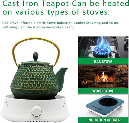 Cast Iron Tea Kettle Set, 33.8oz Hexagon Pattern Teapot Set with Cups and Cup Mats, Teapot Coated with Enameled Interior, Durable Cast Iron Teapot Set with Stainless Steel Infuser