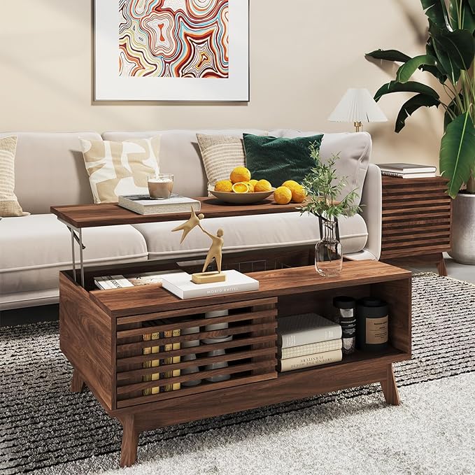 HAIOOU Lift Top Coffee Table, Mid Century Modern Coffee Table with Storage for Living Room, Walnut Coffee Tables with Sliding Fence Door, 35.4'' Rectangular Fluted Center Table (Brown)