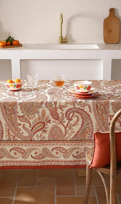 Designer French Red Extra Long Tablecloth Rectangle,Linen Table Cloth with Cashew Pattern,Stain Proof Decor Tablecloths for Dining Thanksgiving Kitchen Christmas,63"*110"-Chauffrey D