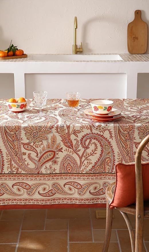 Designer French Red Small Rectangular Tablecloth,Linen Table Cloth with Cashew Pattern,Stain Proof Decor Tablecloths for Dining Thanksgiving Kitchen Christmas,55"*71"-Chauffrey D