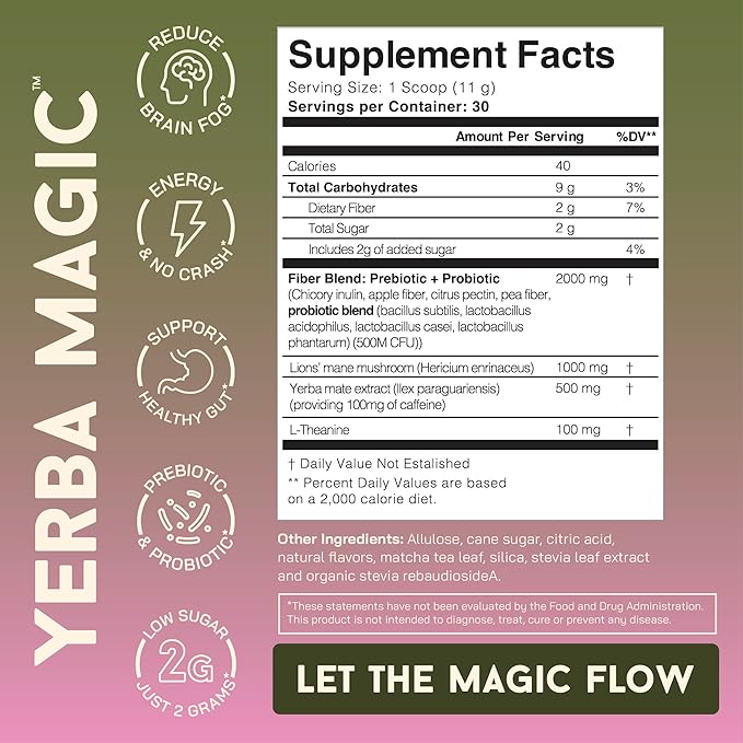 Yerba Magic - Yerba Mate Instant Tea Powder, 3-in-1 Super Drink - Clean Energy, Brain Fog Buster, and Gut Health Powered by Nootropics, Prebiotics and Probiotics | Strawberry Matcha 30 Servings