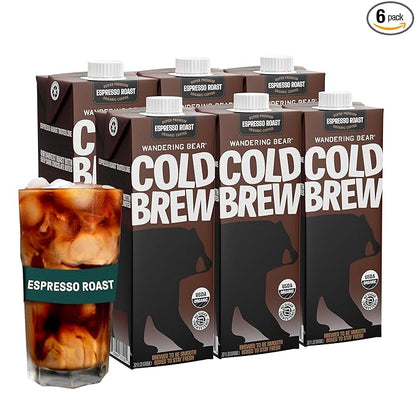 Wandering Bear Espresso Roast Organic Cold Brew Coffee, 32 fl oz, 6 pack - Extra Strong, Bold, Smooth, Unsweetened, Shelf-Stable, Ready to Drink, 100% Organic, Iced Cold Brewed Coffee Drinks