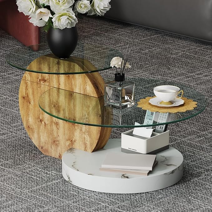 35 Inch Glass Coffee Table，Round Coffee Table with 2-Tier Tempered Glass Tabletop，Easy to Clean Circle Coffee Table with Sturdy Base for Living Room，Office （Brown & White Marble Colored Base）