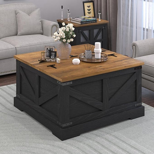 Farmhouse Coffee Table with Hidden Storage Compartment, Black Square Coffee Table for Living Room, Wood Center Table with Hinged Lifting Tabletop for Home
