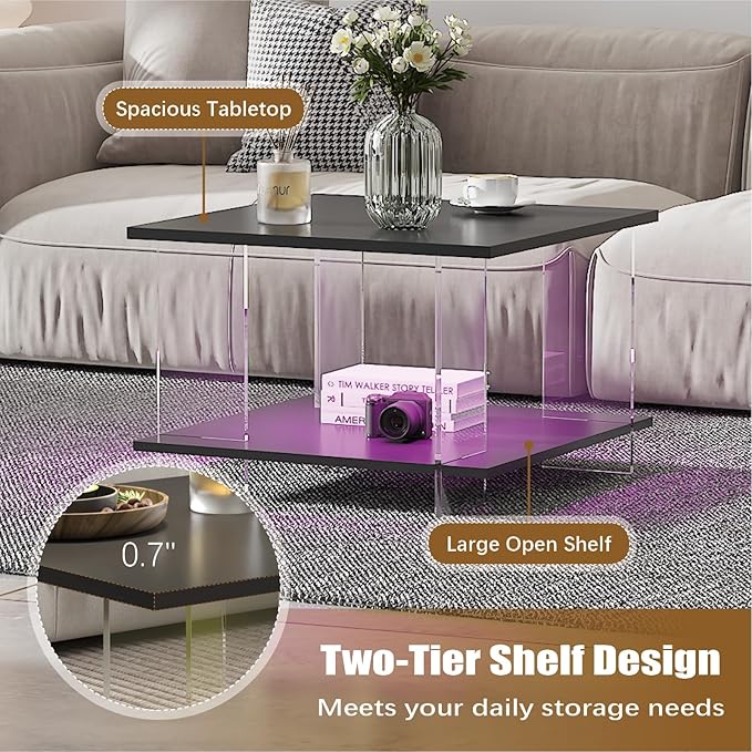 24" Acrylic Coffee Table with Black Wood Tabletop, Minimalist Stylish Modern Square Center Table for Living Room,Led Living Room Table with Storage Shelf & Acrylic Frame for Small Space