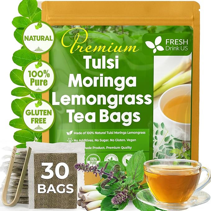 FreshDrinkUS, Premium 30 Tea Bags Tulsi Moringa Lemongrass, 100% Natural & Pure from Tulsi Holy Basil Leaves, Moringa & Lemongrass. Made with Natural Material Tea Bags. No Sugar, No Caffeine, Vegan.