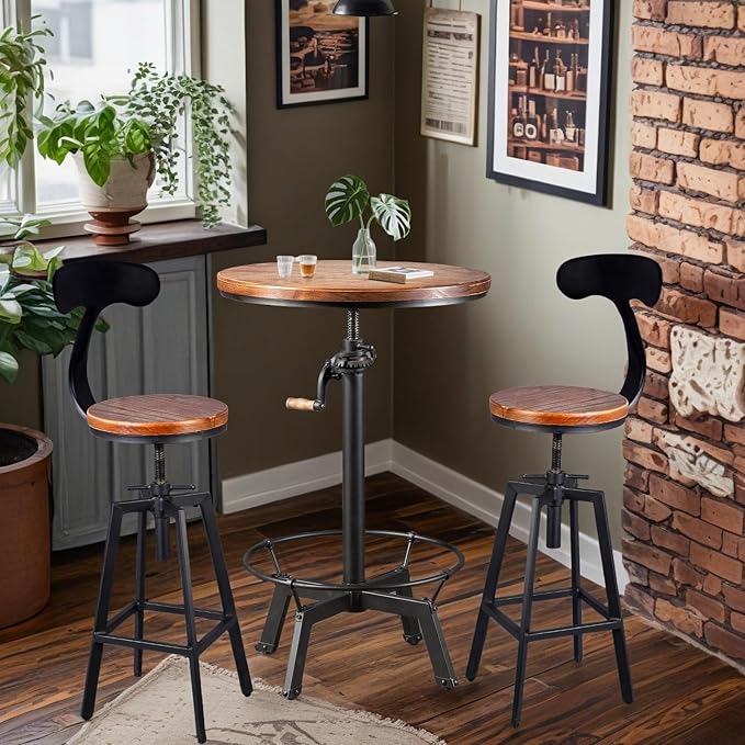 Small Kitchen Table Set, Modern Round Table and Stools for 2, Industrial Bar Stools with Backrest Height Adjustable