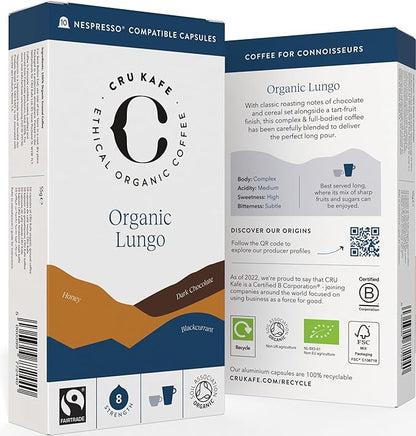 Cru Kafe Lungo Americano Strong USDA Organic Espresso Coffee Capsules (50 Pods) Fairtrade Coffee Pods Compatible with Nespresso Original Line and Pixie Machines