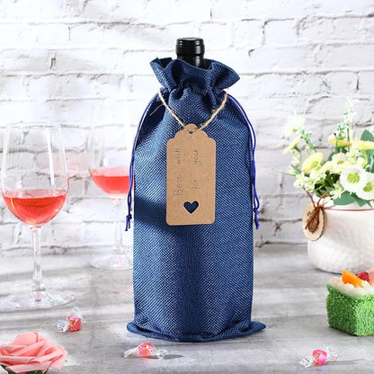 Windyun 100 Pcs Burlap Wine Bags Bottle Gift Sacks with Tags 5.9 x 13.8 Inch Jute Burlap Plain Wine Bags for Wedding Birthday Blind Tastings Christmas Travel Party (Royal Blue)