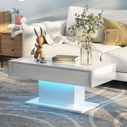 Led Coffee Table for Living Room, Living Room Table Rectangular Center Table, Modern High Glossy Wooden Coffee Tables with 16 Colors LED Lights for Dining Reception Room, Grey