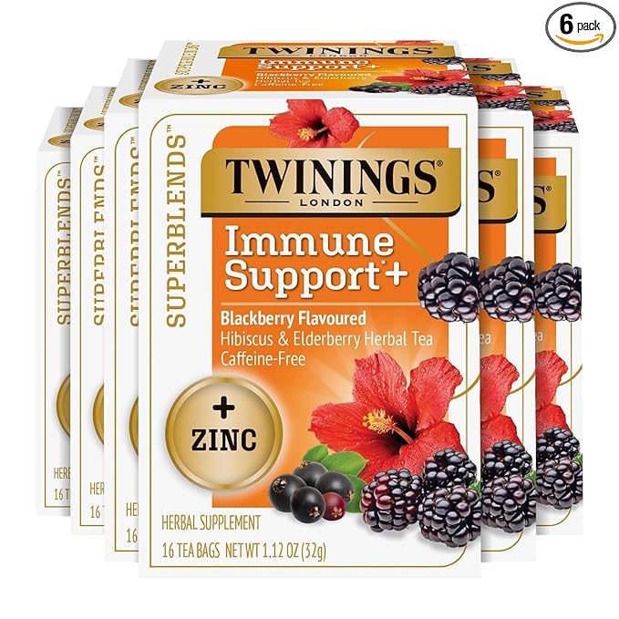 Twinings Superblends Immune Support+ Zinc Blackberry Flavoured Hibiscus, Elderberry Herbal, Naturally Caffeine-Free, 16 Tea Bags (Pack of 6), Enjoy Hot or Iced, 96 Teabags