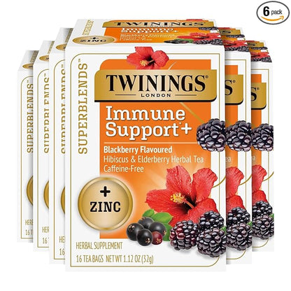 Twinings Superblends Immune Support+ Zinc Blackberry Flavoured Hibiscus, Elderberry Herbal, Naturally Caffeine-Free, 16 Tea Bags (Pack of 6), Enjoy Hot or Iced, 96 Teabags