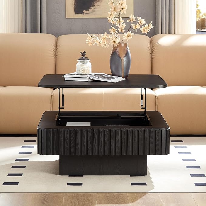 KEVINSPACE Lift Top Coffee Table Square Coffee Tables for Living Room Furniture Small CoffeeTable with Large Hidden Storage Center Table Mid Century ModernTable Rustic Black 35.43" W x14.57-24.5" H