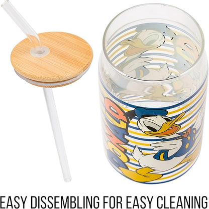 Silver Buffalo Disney Mickey and Friends Donald Duck Blue and Yellow Stripes Glass Jar Tumbler with Bamboo Lid and Glass Straw, 16 Ounces