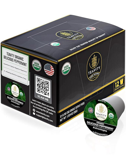 Organic Peppermint Tea Pods for Keurig - Decaf Tea by Teavity (12 Tea Pods)