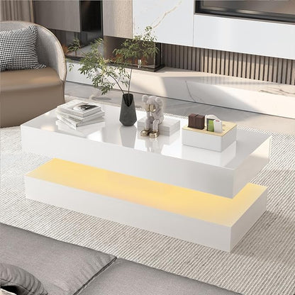 Uspeedy 47.3in Large High Glossy LED Coffee Table with 2 Storage Drawers,Black/White Modern Coffee Tables for Living Room,Living Room Tables,APP LED Lights (White)