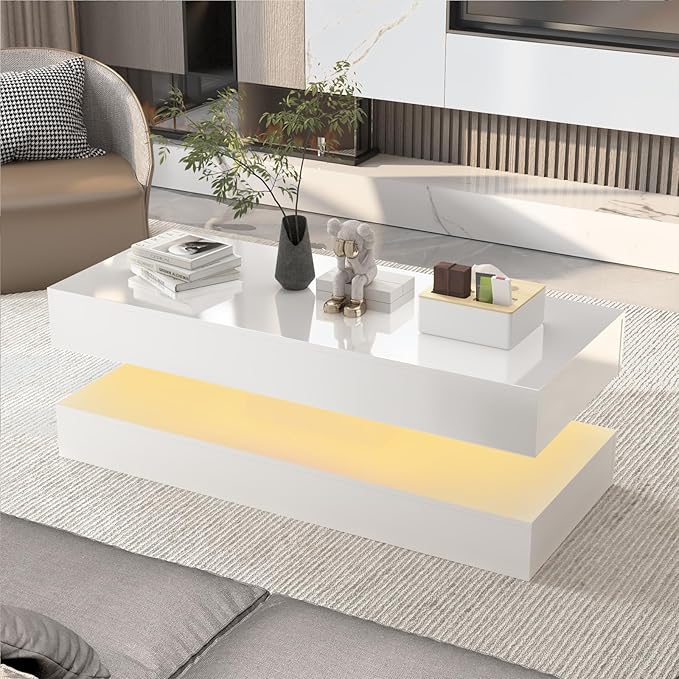 Uspeedy 47.3in Large High Glossy LED Coffee Table with 2 Storage Drawers,Black/White Modern Coffee Tables for Living Room,Living Room Tables,APP LED Lights (White)