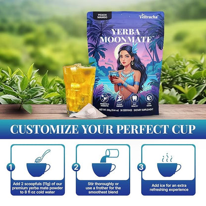 Yerba Mate Instant Tea Powder, 4-in-1 Functional Yerba Extract with Prebiotics & Probiotics, Low Sugar Clean Energy Drink for Focus, Gut Health & Reduce Brain Fog, Peach Mango - 30 Servings