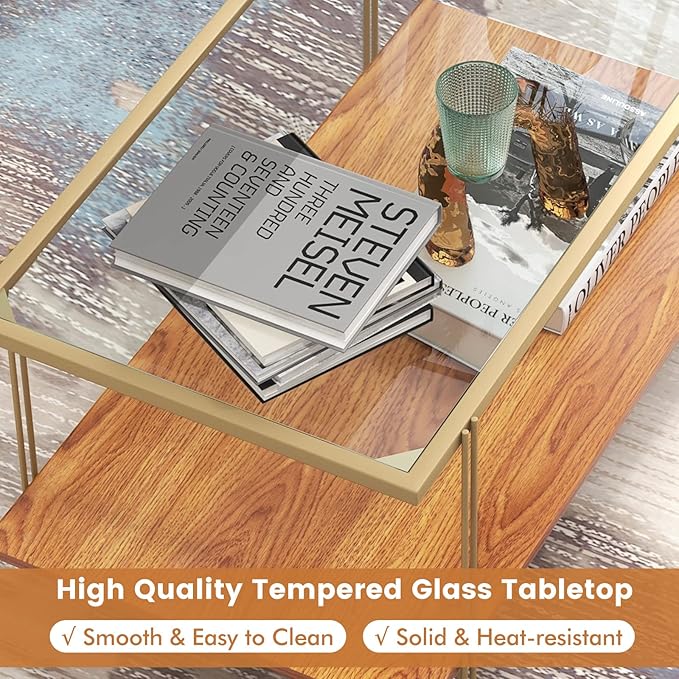 Tangkula Glass Coffee Table, 40In Mid Century 2 Tier Rectangle Coffee Table, Tempered Glass Top & Wood Storage Shelf, Steel Frame, Adjustable Feet, Modern Cocktail Accent Table for Living Room (Gold)