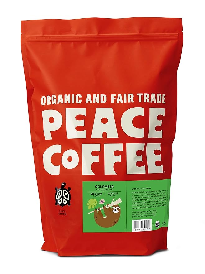 Peace Coffee Colombia Single Origin Coffee | 5 lb Whole Bean Medium Roast | Organic Fair Trade | Smooth, Crisp Flavor | Shade Grown, Fresh Roasted