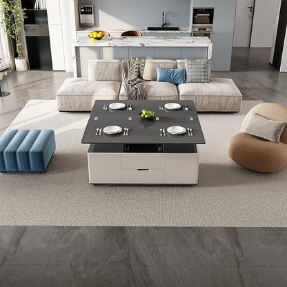 Lift Top Coffee Table with 4 Stools, 3 in 1 Multi-Function Center Table, Modern Lift Tabletop Coffee Table, Extendable Dining Table for Living Room (47.24 Inch)