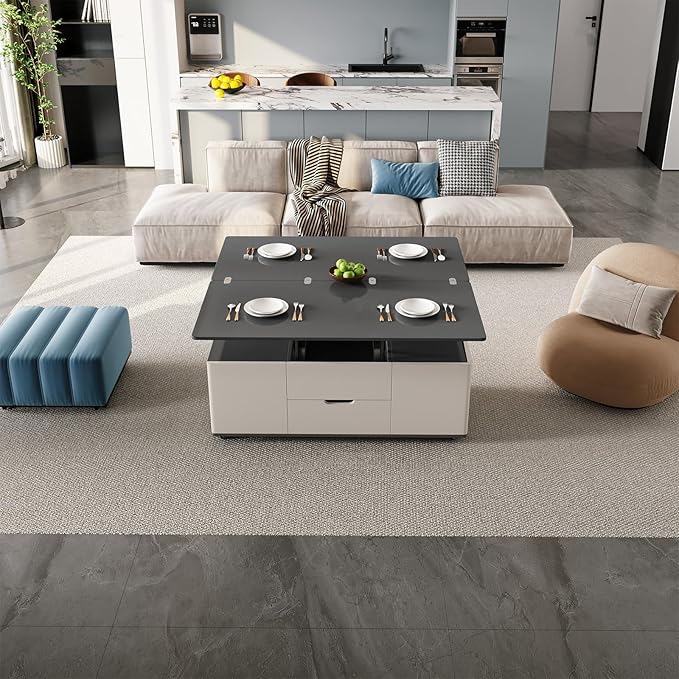 Lift Top Coffee Table with 4 Stools, 3 in 1 Multi-Function Center Table, Modern Lift Tabletop Coffee Table, Extendable Dining Table for Living Room (47.24 Inch)