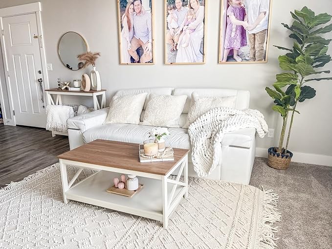 PHI VILLA Farmhouse Coffee Table for Living Room, White Coffee Tables with Storage Rustic Style Modern End Table Set