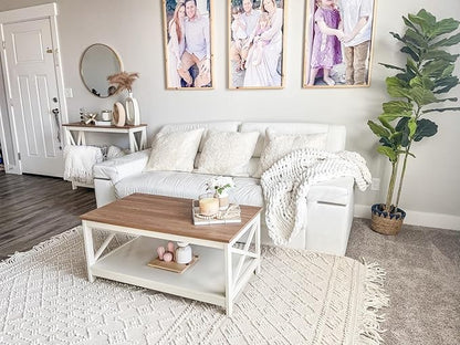 PHI VILLA Farmhouse Coffee Table for Living Room, White Coffee Tables with Storage Rustic Style Modern End Table Set