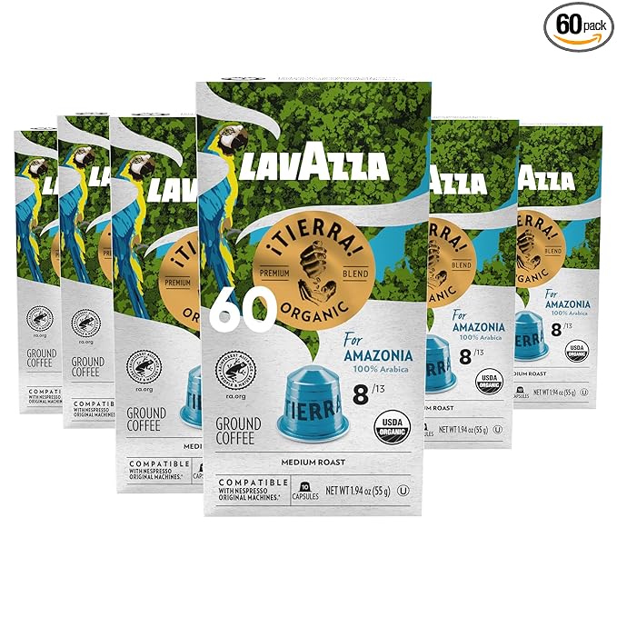 Lavazza TIERRA AMAZONIA USDA ORGANIC Espresso Aluminum Capsules Compatible with Nespresso Original Machines (Pack of 60) ,Value Pack, Medium Roast 100% Arabica, Round & Balanced, notes of chocolate & caramel, Intensity 8 of 13