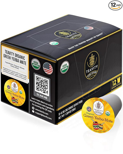 Organic Yerba Mate Tea Pods for Keurig - Green, Unsmoked Yerba Mate by Teavity (12 Tea Pods)