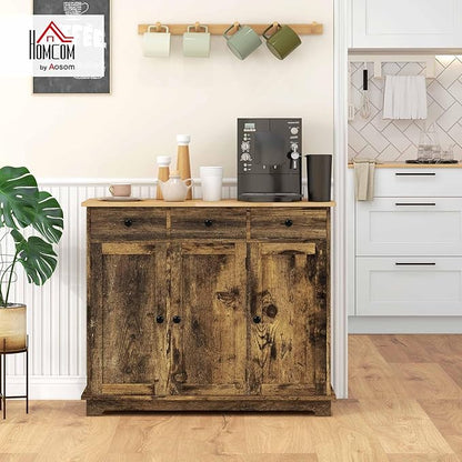 HOMCOM Sideboard with Solid Wood Countertop, Modern Kitchen Storage Cabinet, Coffee Bar Cabinet with 3 Drawers, Doors and Adjustable Shelf, Rustic Brown