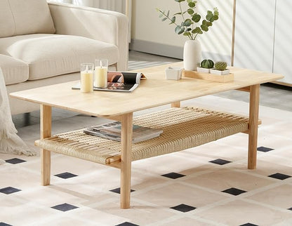 Farmhouse Coffee Table for Living Room 2-Tier Coffee Table with Natural Rattan Storage Shelf Large Rectangular Center Table for Living Room Reception, Natural Color