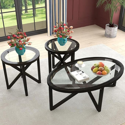 Wooden Coffee Table End Table Sets of 3 Oval Black Modern Living Room Table Set Tempered Glass Top Round Side Table, Black Brown