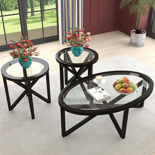 Wooden Coffee Table End Table Sets of 3 Oval Black Modern Living Room Table Set Tempered Glass Top Round Side Table, Black Brown