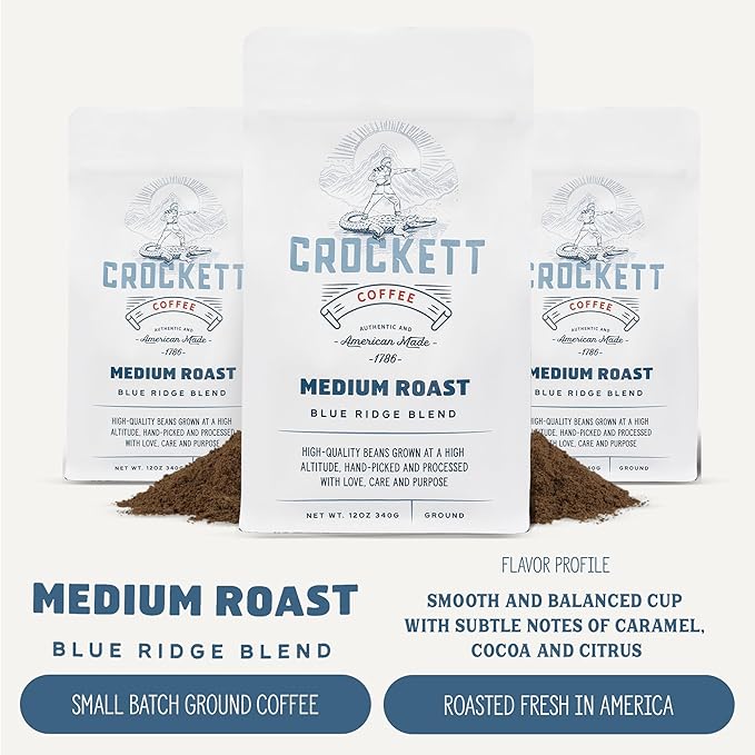Crockett Medium Roast Ground Coffee – Bold Medium Roast Ground Coffee with Smooth Body, Balanced Flavor & Clean Finish – Perfect for Classic Coffee Drinks, All-Day Energy & Healthy Coffee Habits